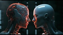 Couple In Love: A Man And A Futuristic Android Robot. Technological Sci-fi Background. Relationship Between Human And Artificial Intelligence.