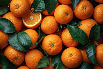 Wall Mural - Many orange presenting vibrant array of fresh juicy and organic appeal embodying healthy vitamins in sweet and ripe background of citrus nature ideal for vegetarian diet leaves accentuating freshness