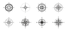 Compass Silhouette Icon Set On White Background. Rose Wind Glyph Pictogram.