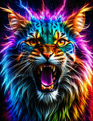 Illustration angry, thunder, cat, fierce, full color, saturate, HD, generative ai
