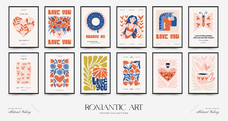 Wall Mural - Modern Romantic, Valentine's day vertical flyer or poster template. Love hand drawn trendy illustration.