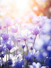 Wall Mural - sunlight on Easter flowers, abstract blank blurred spring background, beauty in nature concept, copy space - generative ai