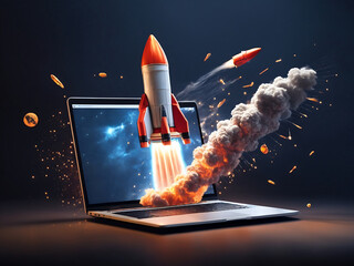 The laptop screen is bursting and the rocket is flying like social marketing by ai generated