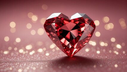 Wall Mural - Red heart shaped diamond gemstone on a pink background with glitters and bokeh from Generative AI