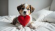 A cute puppy with a red heart shaped pillow on plain white background from Generative AI