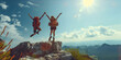 Hikers with backpacks jumping with arms up on top of a mountain - Couple of young happy travelers climbing the peak - Family, travel and adventure concept, generative ai