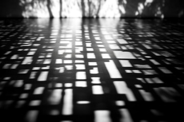 Wall Mural - Graphic resources. Abstract black and white shadows mosaic background. Sunlight illuminating room or object through pattern grid makes shadow split in small geometric shape pieces