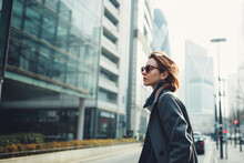 AI Generated Image Young Businesswoman Walking In Downtown Next To The Office Buildings