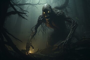 Terrifying creature lurking in a mystical forest at night. A fantasy illustration full of horror and terror. Generative AI