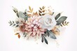Floral bouquet on white background with eucalyptus and pink gold dust elements. Generative AI
