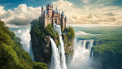  A surreal composition of a levitating castle in the clouds with waterfalls flowing upwards, whimsical, fantasy. AI Generativ