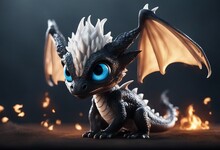 Cute Black And White Little Baby Dragon With Big Blue Eyes. Fantasy Monster. 