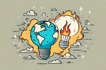 Climate change icon of burning fuse time bomb using planet (globe) inside light bulb (globe)  illustration