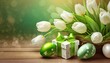 Wielkanocne tło w odcieniach zieleni z pisankami, tulipanami i prezentem