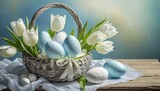 Fototapeta Tulipany - Niebiesko-białe wielkanocne tło z pisankami w koszyku i białymi tulipanami 