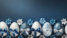 Blue Easter Background With White And Blue Easter Eggs, Bows And Flowers
