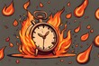 Burning watch, deadline, flaming clock, watch on fire. Cartoon style hand drawn vector illustration