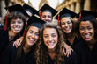 © ADDICTIVE STOCK - Generative AI illustration of group of diverse graduates smiling widely in their caps and gowns, celebrating their academic success together