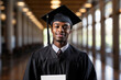 © ADDICTIVE STOCK - Generative AI illustration of smiling young black male graduate holding a diploma, wearing a cap and gown, standing in a well-lit hallway