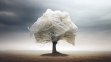 Solitary Tree Adorned With White Fabric In A Desolate Landscape Generative AI Image