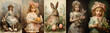 Set of vintage antique style Easter holiday greeting cards, ephemera girls with cute bunny and Easter eggs