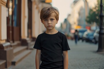 Poster - Little Boy Sporting Black T-Shirt On City Street, Mockup