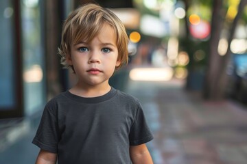 Wall Mural - Mockup Of A Little Boy Wearing A Dark Gray T-Shirt On The Street