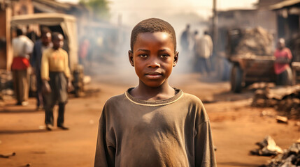 Wall Mural - Beggar child. Concept of hunger and injustice in the world. Slums and a dirty hungry child