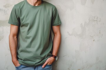 Wall Mural - Man In Green Tshirt On White Background, Mockup