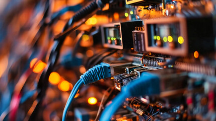 Industrial Networking Hardware: Close-up of electronic networking equipment and cables, representing the essential hardware for modern industrial communication