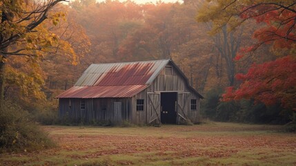 Wall Mural - red barn in autumn forest