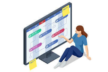 Isometric Business Project Management System. Project manager updating tasks and milestones progress planning. Digital Calendar Schedule.
