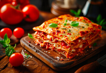 Wall Mural - Lasagna piece with basil on a wooden board, with tomatoes in the background
