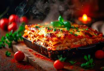 Wall Mural - Lasagna on a platter, straight out of the oven, with basil, and tomatoes in the background