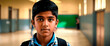 Portrait of little Indian boy with backpack in defocused school hallway. Elementary Indian student. Concept of first day of school. Banner format.