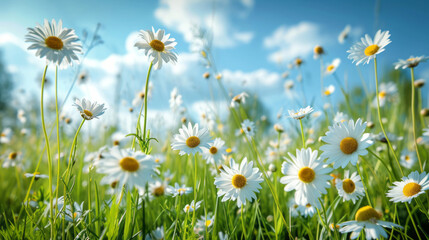 Canvas Print - Beautiful sunny spring meadow with many of the wild flowers against blue sky