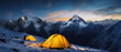 © Santy Hong - Panorama of Steep peak mountains with covered snow and yellow tent camping at twilight time.