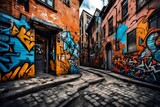 Fototapeta Uliczki - a standard urban scene into an urban style with graffiti tags on building walls involves adding vibrant street art elements. Let's imagine a cityscape with a touch of urban flair  