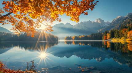 Wall Mural - Impressive autumn landscape during sunset. Lake is under sunlight. Mountains at background
