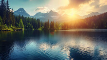 Majestic Mountain Lake In National Park. Dramatic Scene. Sky Glowing By Sunlight