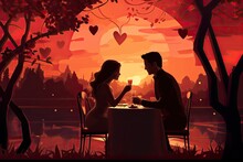 Romantic Dinner On Valentines Day Illustration