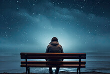 Lonely Person Sitting On Bench Midnight Moonlight Scenery. Alone, Upset, Boyfriend Breakup On Valentine's Day Poster