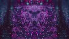 Glitter Fluid Drip. Ink Spill. Cyber Stream. Defocused Neon Purple Pink Blue Color Sparkling Bokeh Light Texture Paint Flow Motion Symmetrical Ornament Abstract Art Background.