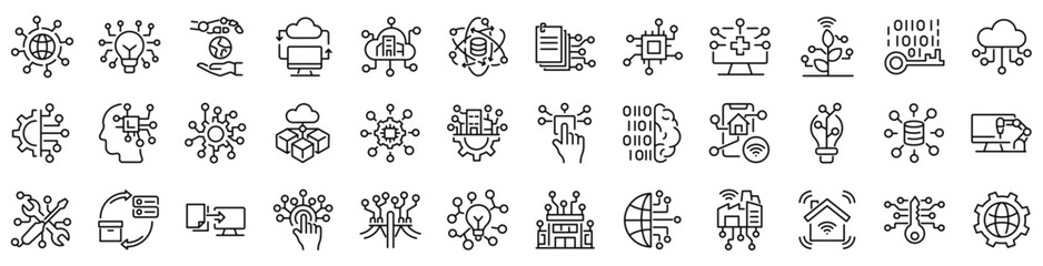 Set of outline icons related to digital transformation. Linear icon collection. Editable stroke. Vector illustration