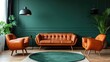 A living room with a couch, chair, and rug. Dark green walls and brown leather furniture, modern interior