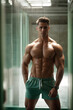 © theartofphoto - Shirtless Man Stands in Hallway, Confident and Powerful. Generative AI.