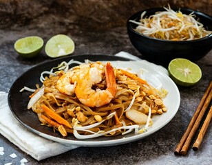 Wall Mural - Asian dish Pad Thai prepared with noodles, grilled shrimps, soy sprouts, carrots pieces and sprinkle with peanuts to serve a delicious meal 