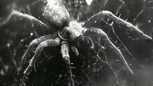 Scary Close Up Of A Spider On Black Background. Close Up Spider's Web On Retro Vintage Black Color Background For Halloween Night Party Design Concept Concept. Scary Horror Design Mp4
