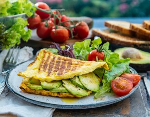 Wall Mural - White omelet served with avocado slices on grilled bread toast with fresh lettuce and cherry tomatoes for side dishes ready to be eaten 