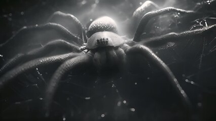 Scary close up of a spider on black background. Close up spider's web on retro vintage black color background for halloween night party design concept concept. Scary horror design mp4